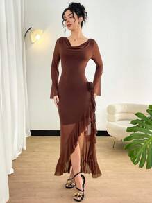 Modelyn Gaun Wanita Elegan Warna Cokelat Kopi Polos dengan Hem Bergelombang dan Belahan Tinggi untuk Musim Gugur, Gaun untuk Acara Pernikahan, Makan Malam, Kencan, dan Acara Lainnya - Coffee Brown - View 3
