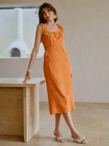 MOTF STUDIO ROMANTIC VACATION RUFFLE TRIM EYELET EMBROIDERED DRESS - Orange - View 4