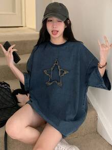 DAZY Women's Summer Round Neck Short Sleeve 3D Star Decor Loose Denim Casual Blouse - Dark Wash - View 2