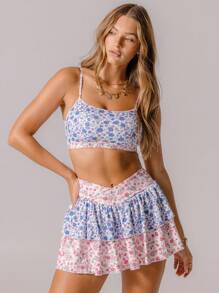 Aralina 花卉印花无袖高腰运动荷叶边短款和短裙两件套，带口袋 - 彩色 - 查看 9