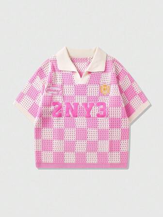 Prep Herren Polo Shirt mit Buchstaben-Stickerei und kariertem Jacquard-Strick