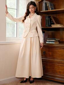 SHEIN MOD Women's Apricot Puff Sleeve Double-Breasted Cinched Waist Blazer And A-Line Skirt Set In Fall/Winter - Apricot - View 4