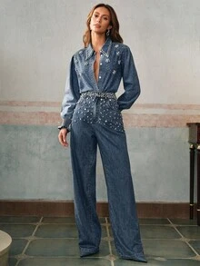 Anewsta 女士新款时尚镶钻闪亮牛仔衬衫，情人节