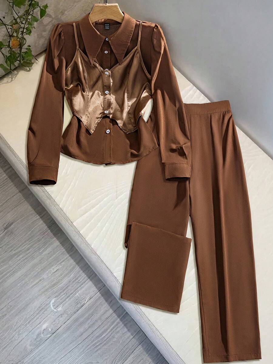 GlowEve Bộ đồ hai mảnh dệt kim thời trang đi làm mùa thu cho nữ - màu nâu - Xem 1