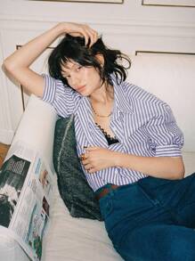 Poéselle Drop Shoulder Shirt Women's Long Sleeve Striped Shirt, Cute Summer Tops, Summer Women's Clothing, White Shirt, Fresh Casual Shirt, Button Closure, Covered Shirt, Lightweight And Breathable Made Of Comfy Material, Suitable For Holiday Going Out, Casual Daily 100% Cotton