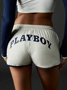 Missguided x Playboy Lifestyle Casual Runner Shorts Ribbed Waistband Contrast Binding College Campus Style Mid Rise Relaxed Fit Loungewear Beachwear Daily Wear Casual Summer Fashion - Light Grey - View 4