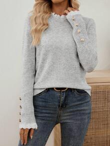 EMERY ROSE 全新秋冬焕新套头高领柔软蕾丝针织毛衣，百搭优雅，适合女士灰色毛衣女士毛衣蕾丝边毛衣浅灰色上衣立领毛衣 - 灰色 - 查看 10