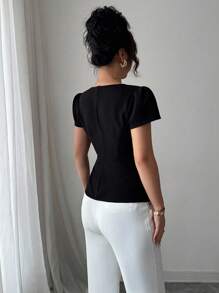 Elenzga Black & White Color Block 3D Rose Flower Elegant Blouse - Black and White - View 2