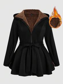 SHEIN Plus Size Solid Color Women Ruffled Hem Hooded Elegant Jacket Winter Fall Autumn - Black - View 1