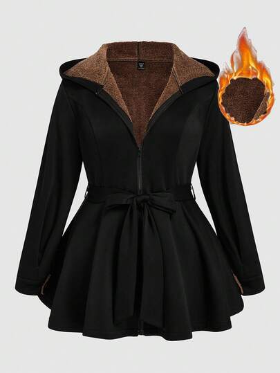 SHEIN Chaqueta elegante con capucha y dobladillo con volantes de unicolor para mujer de talla grande
