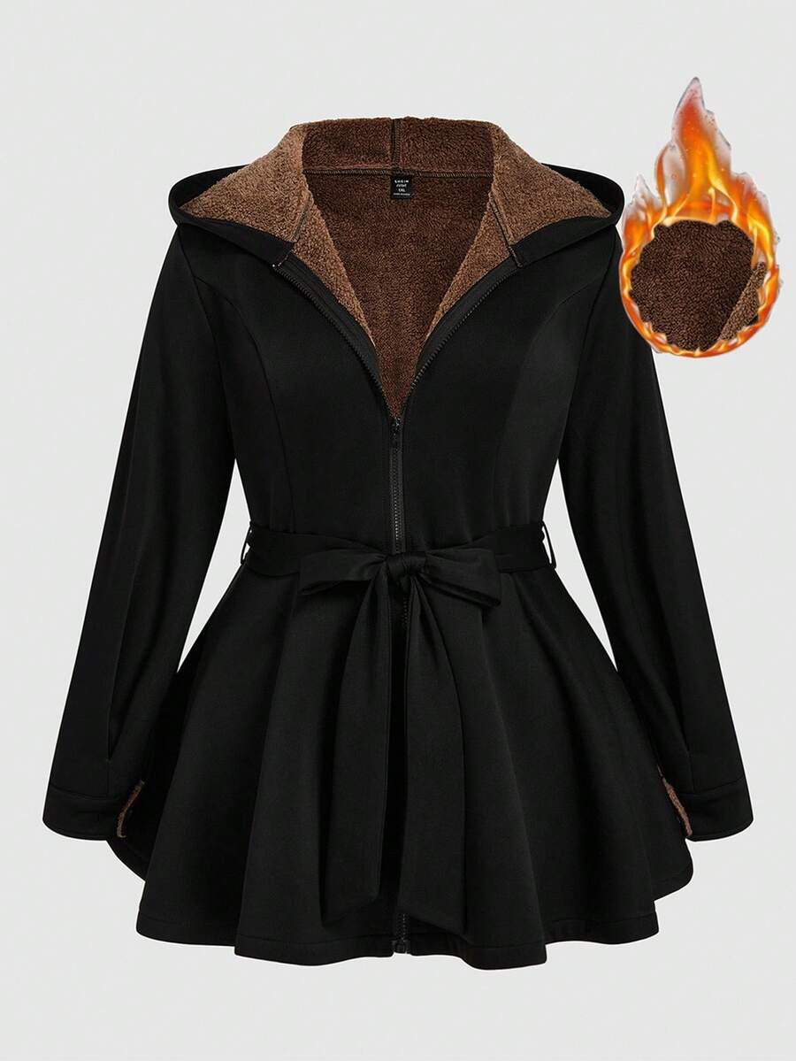 SHEIN Plus Size Solid Color Women Ruffled Hem Hooded Elegant Jacket Winter Fall Autumn - Black - View 1