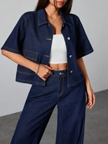 SHEIN 少女纯色水洗深蓝色牛仔衬衫翻领短袖上衣夏季牛仔套装办公室装学院风女孩秋季衬衫、返校装女孩、学校上衣、返校装