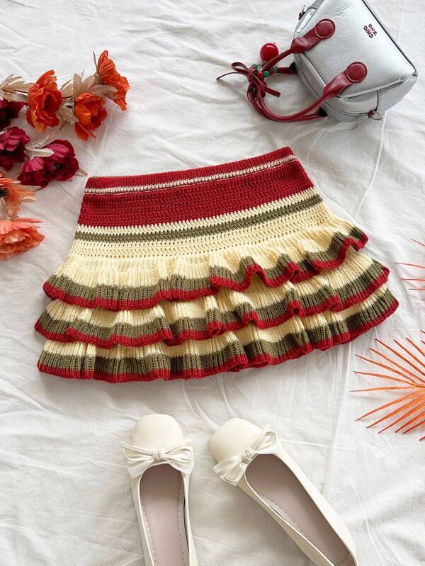 Soleia 女士彩色条纹分层荷叶边下摆针织裙，适合节日、约会、下午茶、海滩、游轮、公路旅行、城市度假、婚礼季、音乐节、波西米亚风度假