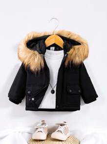 SHEIN Playful Pals Baby Boy Flap Pocket Fuzzy Trim Hooded Thermal Lined Jacket Without Tee - Black - View 1