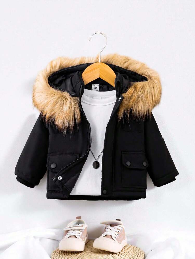 Baby Boy Flap Pocket Fuzzy Trim Hooded Thermal Lined Jacket Without Tee