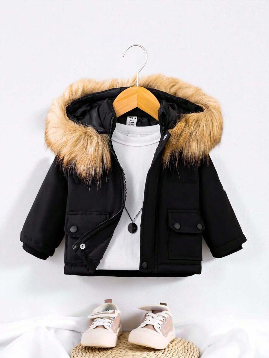 SHEIN Playful Pals Baby Boy Flap Pocket Fuzzy Trim Hooded Thermal Lined Jacket Without Tee - Black - View 1