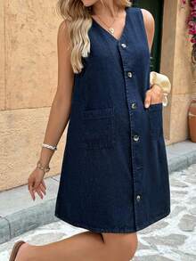 SHEIN 孕妇装 秋季 秋季 冬季 万圣节 圣诞节 国庆节 优雅街头装 生日装 夜间外出 俱乐部装 机场装 商务休闲女装 乡村复古 朴素老钱商务休闲女装 工作 V 领单排扣口袋休闲宽松无袖牛仔蓝色连衣裙 牛仔无袖纽扣前休闲连衣裙 适合所有季节 - 藍色 - 查看 4
