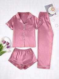 Set de pijama de 3 piezas para mujer de unicolor con ribete de contraste en seda sintética