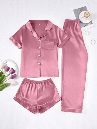 3pcs Women Contrast Trim Solid Color Faux Silk Pajama Set