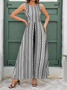 SHEIN Clasi 女士时尚优雅圆领背心，搭配音乐节图案和撞色连体裤 - 白色 - 查看 3