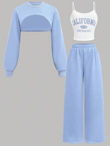 SHEIN Girlism 3件套青少年女孩休闲运动衫搭配印花吊带背心和阔腿运动裤套装 - 藍白色 - 查看 13
