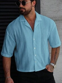 Manfinity Homme Camisa casual de verano para hombre de unicolor, de manga corta y de solapa única para uso diario - Celeste - Ver 5