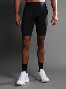 SUMWON 男式运动压缩训练短裤高性能基础层跑步骑行短裤黑色健身紧身裤带提花腰带 - 黑色 - 查看 5