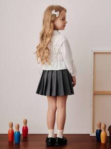 PrepCrw Blusa de manga larga con volantes, botones y decoración de lazo en estilo preppy para niñas jóvenes - Blanco - Ver 2