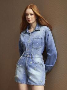 Selenza 2 件套女式牛仔套装，长袖上衣和阔腿短裤，夏季新款时尚水钻和珍珠花朵设计 - 藍色 - 查看 4