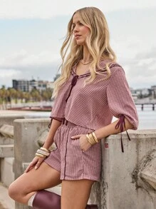 Aralina Conjunto bohemio casual de otoño e invierno para mujer con estampado de cuadros, lazos delanteros y lindo cuello Peter Pan, perfecto para atuendos de cumpleaños - Rosa - Ver 9