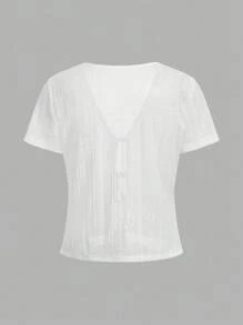 SHEIN LUNE White Front Tie Knit Fabric T-Shirt Top, Sexy, Cute, Fashionable & Casual, Suitable For Matching
