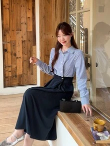 DAZY Đầm dài tay kiểu Hàn Quốc kẻ sọc phối vải dành cho nữ. - Màu xanh lam - Xem 4