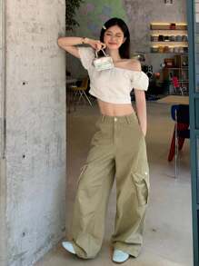 DAZY Women's Casual Korean-Style Denim Cargo Pants Women Jeans