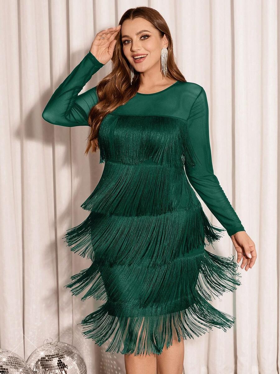 SHEIN Clasi Plus Size Flowing Layered Fringe Mesh Patchwork Dress, Autumn/Winter - Dark Green - View 1