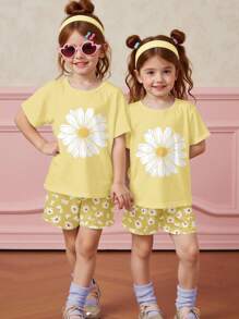 SHEIN Leap Crew 青少年女孩休闲简约短袖上衣和短裤两件套，适合夏季 - 彩色 - 查看 4