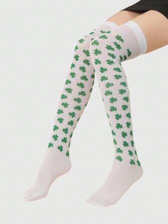 Grunge Punk Minimalistische Oberschenkel-Hohe Socken mit zufälligem Vierblatt-Klee Muster, Y2K personalisierter Streetstyle Mode Kniestrümpfe, geeignet für Partys, Treffen, gesellige Anlässe