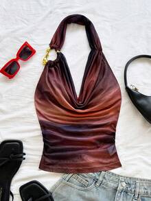 Soleia 女士性感复古渐变印花网眼打结吊带背心，修身剪裁，适合度假、约会、下午茶、海滩、游轮、城市旅行、海岛度假、音乐节、波西米亚度假，可内外穿着 - 棕色 - 查看 3