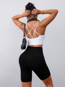 Slayform 无缝宽腰带紧身运动短裤弹力短裤女士运动短裤、健身短裤、骑行短裤 - 黑色 - 查看 2