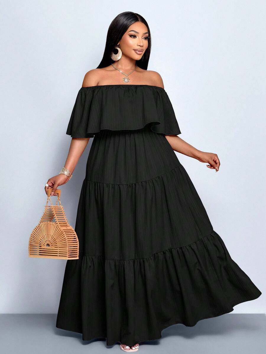 SOLERSUN 大码女式露肩褶领三段褶裙宽松长裙，情人节、丘比特、浪漫、玫瑰、约会、音乐节 - 黑色 - 查看 1