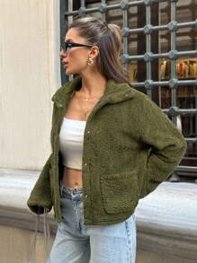 EURMUSE Women's Fuzzy Fleece Button-Up Jacket With Pockets - Green - View 4