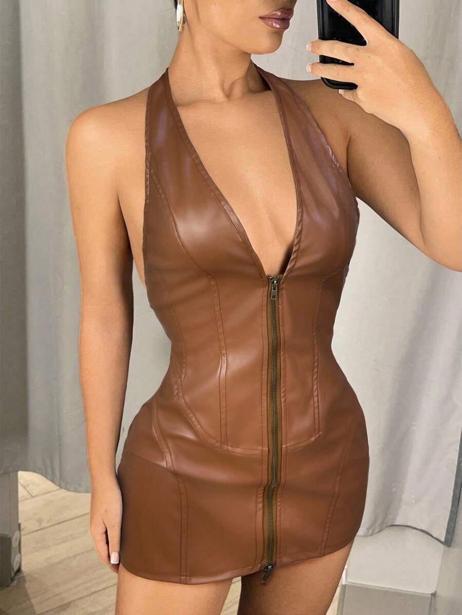 SHEIN ICON 深 V 领挂脖拉链前身修身迷你 PU 连衣裙 - 棕色 - 查看 1
