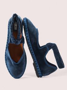 CUCCOO DOLLMOD CUCCOO Women's Navy Blue Velvet Comfortable Soft Criss-Cross Mary Jane Flats For Christmas Spring Shoes - Dusty Blue - View 9