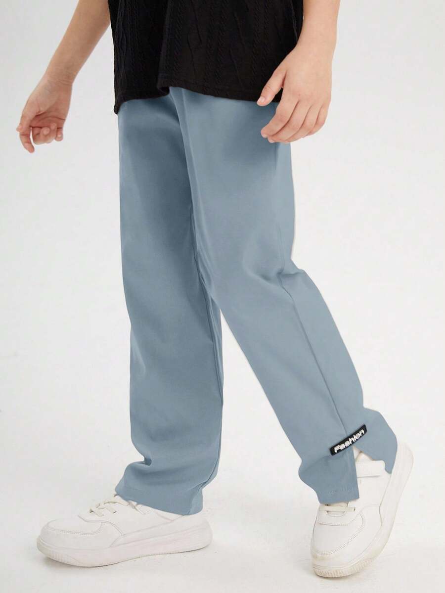 SHEIN Tween Boy 字母图案开衩设计宽松休闲裤 - 霧霾藍 - 查看 1