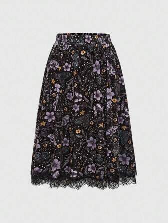 Fairycore Gonna in velluto con stampa di fiori e falene, con bordo in pizzo, taglie comode