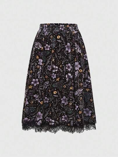 Fairycore Gonna in velluto con stampa di fiori e falene, con bordo in pizzo, taglie comode