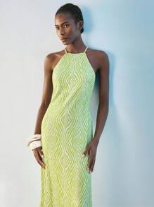 Maija 女式数字几何印花 V 领系腰连衣裙，百搭时尚都市派对装，修身腰部设计，讨人喜欢的彩色印花假日连衣裙，波西米亚风格度假连衣裙，优雅女装，缎面连衣裙 - 綠色 - 查看 4