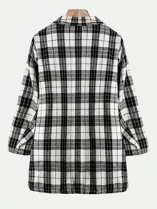 SHEIN Clasi 加大码格子双排扣尖领毛绒内衬保暖大衣，休闲秋冬款，带口袋，秋季穿着舒适保暖，2025新款，复古风，适合外出、秋季、冬季、办公室等场合，尽显优雅气质，亦可作为万圣节服装或复古风格。 - 黑與白 - 查看 12
