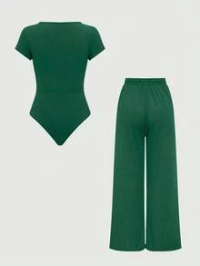 EURMUSE Women's Casual Solid Color Bodysuit & Loose Fit Pants 2 Pieces Set - Green - View 2