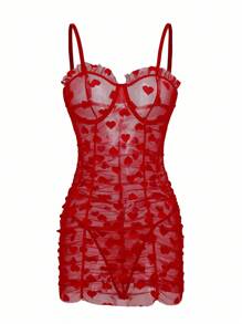 SHEIN Robe et string de lingerie sexy avec un armature, garniture de volant en maille en forme de cœur