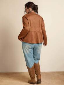 Freevana Plus Size Women's Solid Color Long Sleeve Double-Breasted Casual Jacket Fall Winter Business Casual Chic Suede Jacket - Mocha Brown - View 2